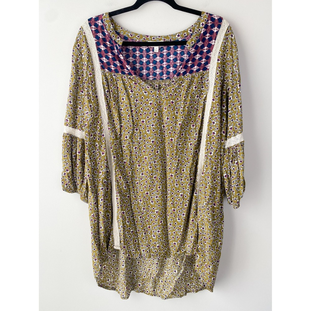 Umgee Womens Floral Print Tunic Dress M Green Boho Hippie‎ Long Sleeve Festival